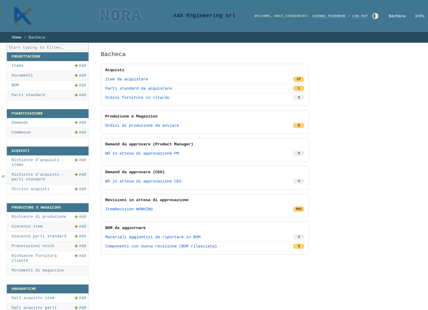 Bacheca in home page con i contatori per area