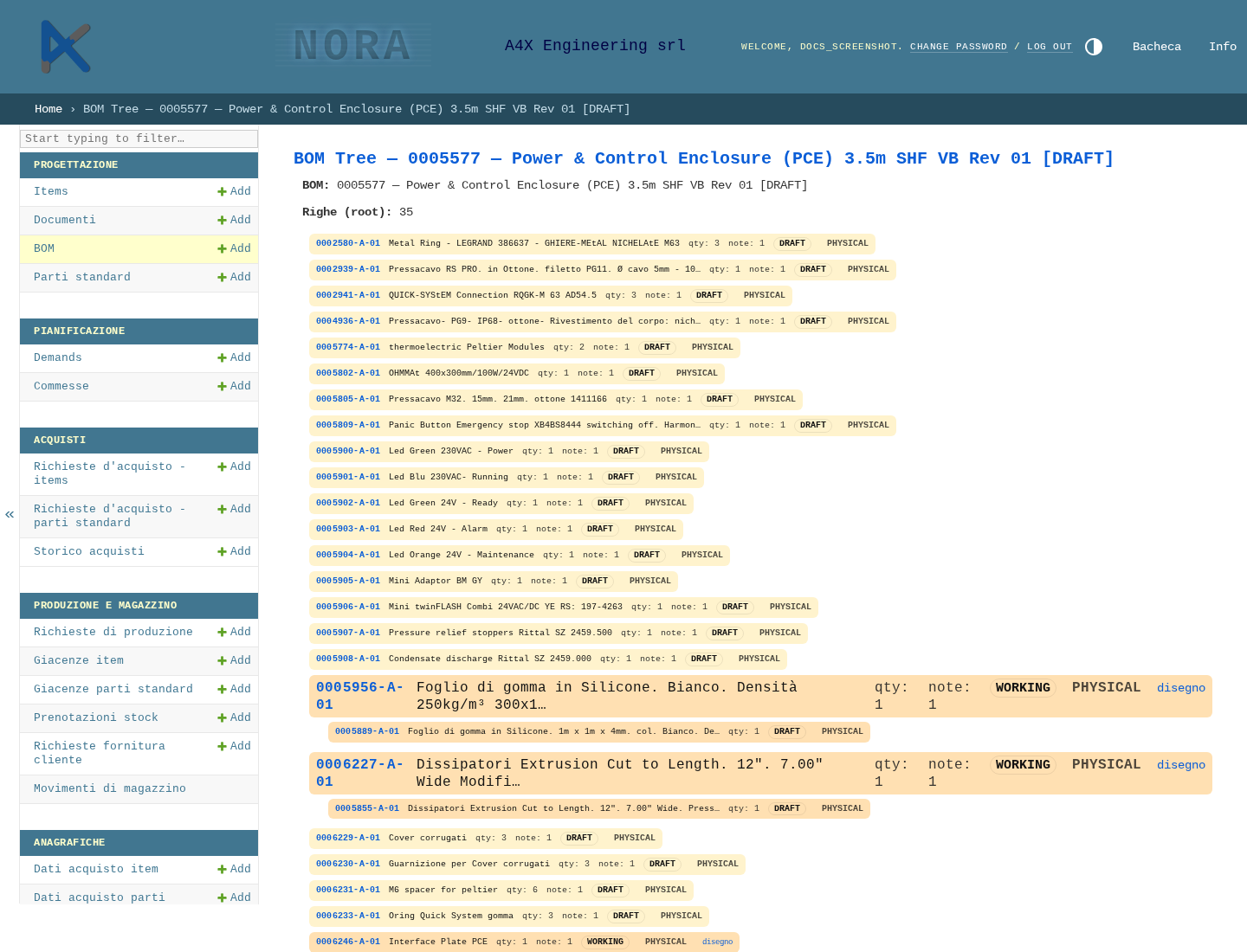 BOM Tree con note e link agli allegati dei componenti