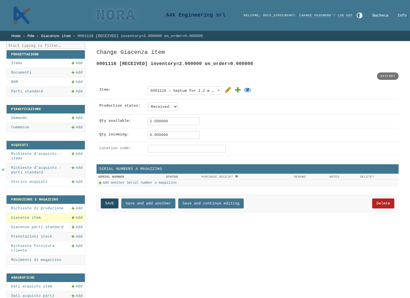 Giacenza item con la sezione Serial Numbers a magazzino